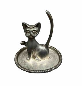 Vintage Silver Plated Cat Kitty Figurine Ring And Holder Jewelry Trinket Dish