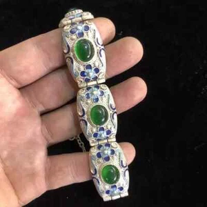 Green Jade Inlaid Tibetan Silver cloisonne,Chinese Old Handmade chains Bracelet - Picture 1 of 7