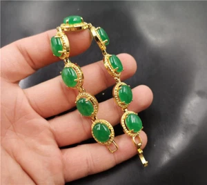 Brazalete de moda enchapado en oro amarillo con cuentas de jade verde genuino - Imagen 1 de 7