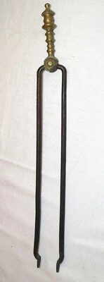 antique 18th century wrought iron turned brass Dutch fireplace tongs tool - Image 1 of 4
