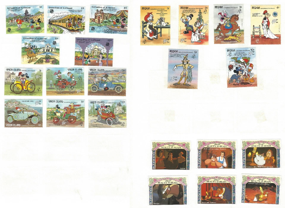 LOTE DE SELLOS DE SAN VINCENT EN PÁGINA ÁLBUM AMBOS LADOS. DISNEY, LA BELLEZA Y LA BESTIA, ETC. Foto 1 de 1