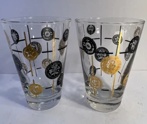 Gold Coin Glasses Black & Gold Set Of 2 1960’s Barware Mid-Century Modern Vtg - Picture 1 of 10