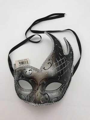 MASCARILLA MARDI GRAS Mascarada Mascarilla Ombre Negro con Brillo Plateado con Corbata NUEVO CON ETIQUETAS Foto 1 de 4