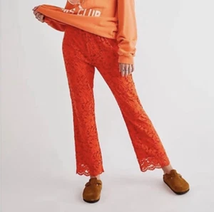 Free People Pants Medium Mandarin Orange Red Flare Wild Lace Pull On Crop NWT - Picture 1 of 13