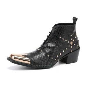 Neu Herren Leder Stiefelette, Punk Rock Stiefel, quadratische Metallzehenpartie, Bikerschuhe - Bild 1 von 8