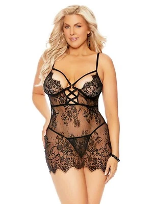 Conjunto Babydoll Talla Grande Pestañas Cruzadas Lencería Negra Para Mujer 1X 2X 3X Foto 1 de 4