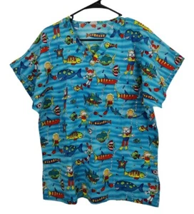 Cotton Scrubs and Co Scrub Top Under The Sea Nurse Doctor Medical Blue - Picture 1 of 13