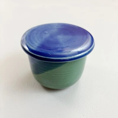 STUDIO ARTISAN POTTERY French Butter Keep Dish Farmhouse Blue Green Signed - Image 1 of 4