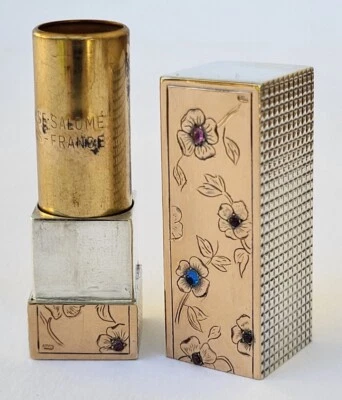 RARE SUBLIME ancien TUBE ROUGE A LEVRES ART DECO ARGENT PLAQUE OR décor fleurs - Photo 1/4