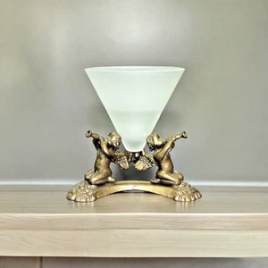 Musical Cherub Angels Gold Metal Base  Frosted Glass Cup Candle Holder Vintage - Picture 1 of 5
