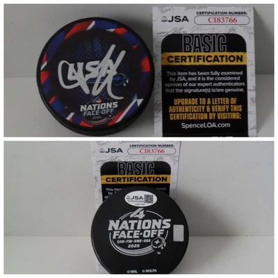 Brady Tkachuk Autographed Signed 4 Nations USA Puck JSA COA Ottawa Senators - Image 1 of 3