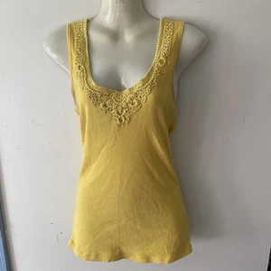 Canotta vintage Y2K Guess M gialla in pizzo a costine cami romantica cotone morbido spiaggia sexy - Foto 1 di 8
