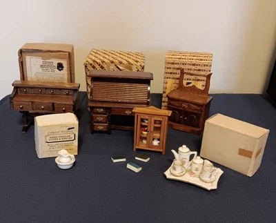 Lote de móveis em miniatura para casa de bonecas suporte para lavagem tigela jarro conjunto de chá mesas armário - Imagem 1 de 4