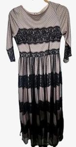 Dainty Jewells Pink Tiered Black Lace Maxi Dress Sz S Cottagecore Gothic Modest - Picture 1 of 14