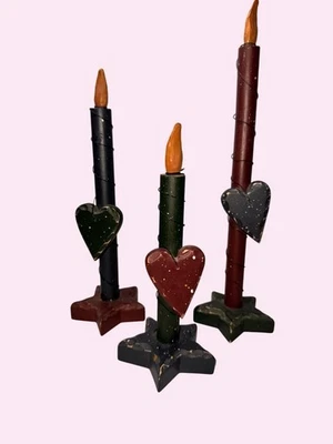 rustic primitive Handmade folk art Wooden Candles Red Black Green Star Base - Image 1 of 4