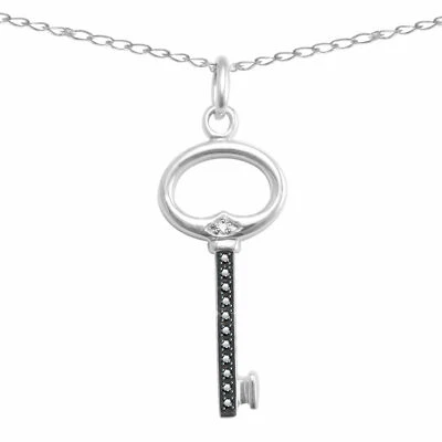 Sterling Silver Black Diamond Key Pedant With 18" Chain Necklace Foto 1 de 4