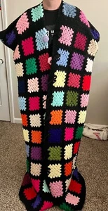 VTG Handmade Granny Square Crocheted Black Snuggie Coat Afghan Wrap Huge!! - Picture 1 of 12