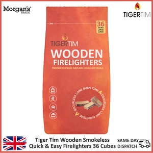 Tiger Tim Wooden Firelighters Extra Large Odourless Quick BBQ Fireplace 36 Cubes - Picture 1 of 7