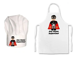 KIDS CHILDS PERSONALISED Superhero Super Chef Print Chefs Hat / Apron Set - Picture 1 of 6