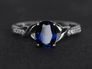 925 Sterling Silver Sapphire Statement Ring Oval Lab Created Gemstone Women Ring - Picture 1 of 4