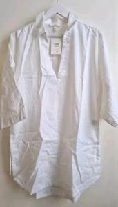 H&M White Linen Blend Tunic Long Shirt 3/4 Sleeves Langenlook V Neck Top Blouse - Picture 1 of 16