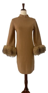 Tyler Boe Sloane Knit Funnel Neck Faux Fur Sheath Dress CAMEL MED NWT reg. $310 - Picture 1 of 11