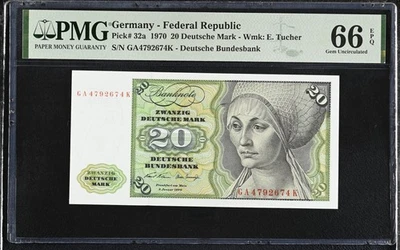 Germany Federal Republic 20 Deutsche Mark 1970 P 32 a GEM UNC PMG 66 EPQ - Image 1 of 3