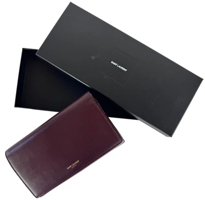 Saint Laurent Auth Burgundy Leather Bifold Long Wallet Clutch Bag Gold Zip Box - Image 1 of 4