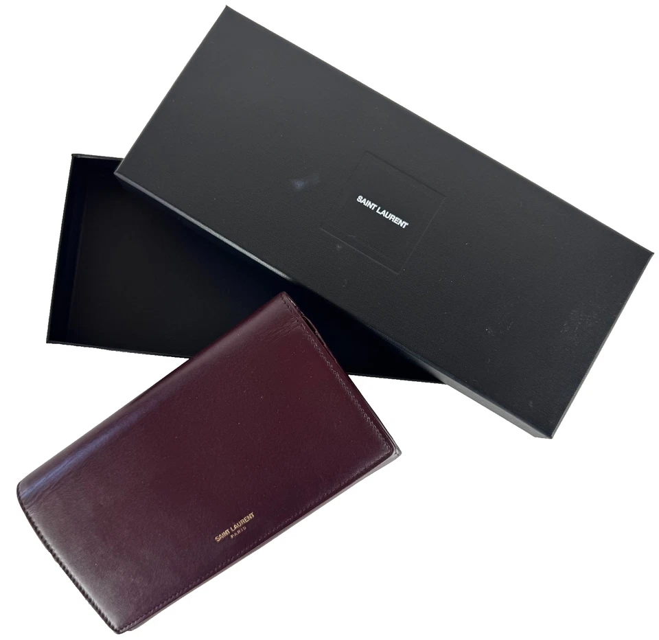 Saint Laurent Auth Burgundy Leather Bifold Long Wallet Clutch Bag Gold Zip Box - Image 1 of 4