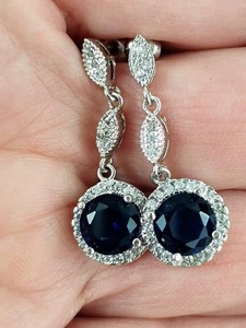 1"FORMAL FACETED BLUE RHINESTONE DANGLE EARRINGS,SILVERTONE METAL,STUD,PRONGED, - Picture 1 of 3