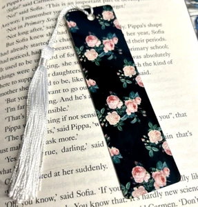 Beautiful Pink & Black Floral Aluminium Bookmark Tassel Book Gift Bookish Reader - Picture 1 of 1