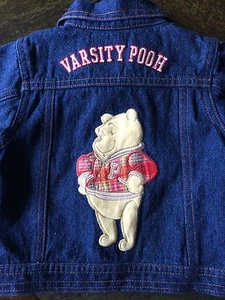 Winnie The Pooh Jeans Jacket 6 months denim coat Bear Varsity sports EUC - Picture 1 of 12