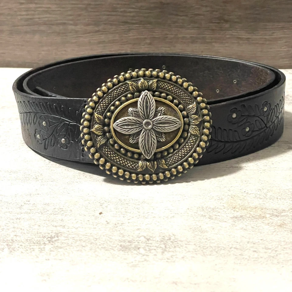 Cinturón Fossil Tooled Cuero Marrón Dos Tonos Ovalado Floral Hebilla Para Mujer Grande Foto 1 de 4