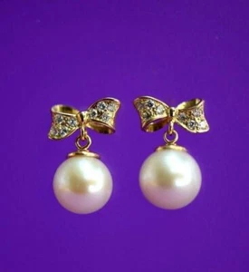 14k yellow white gold bow tie pearl cz stud earring freshwater - Picture 1 of 9