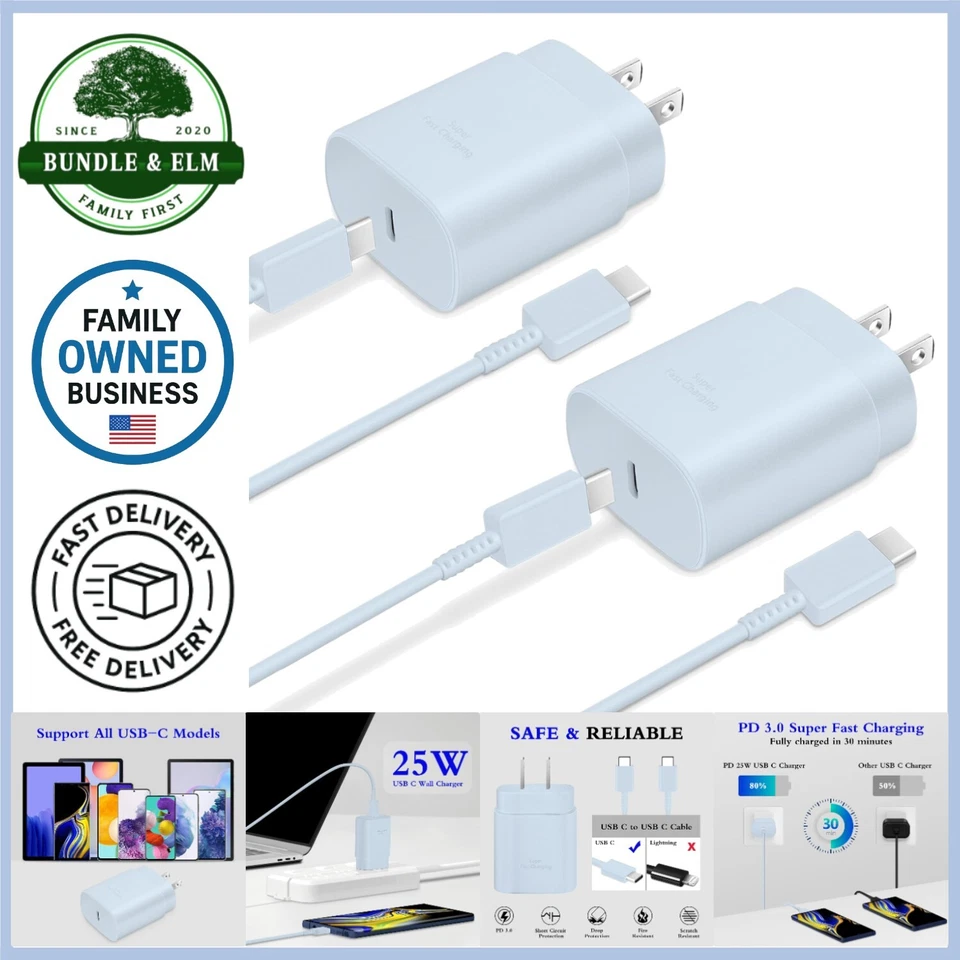 2-Pack Type C Charger 25W Super Fast Charging Blocks with 6ft USB C Cable - Image 1 of 4