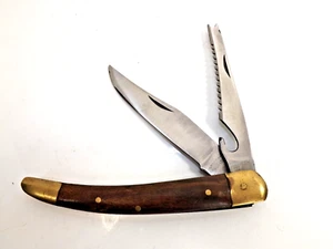 Vintage wooden handle Brass Folding Fishing knife - bottle opener - fish scaler - Picture 1 of 15