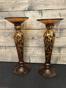 Hand Blown Amber Cheetah / Leopard print Glass Candle Holder Set (2) - Picture 1 of 13
