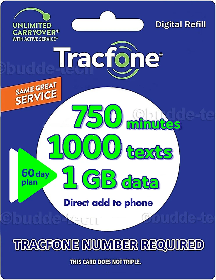 Tracfone Service Plan - 750 Minutes 60 Days of Service 1GB data & 1000 Texts!  - Image 1 of 4