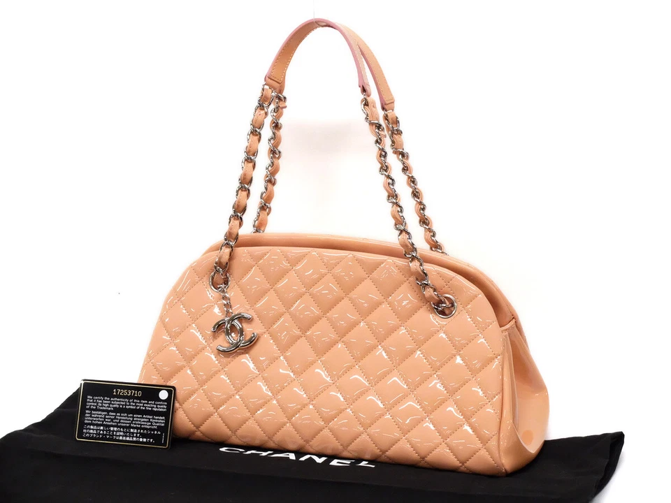  Bolso de Hombro Chanel Patente Beige Rosa Plata HW Mediano Foto 1 de 4