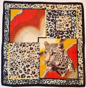 SCARF VINTAGE AUTHENTIC C & A ANIMAL ART LEOPARD PRINT BLACK BROWN 34"SQUARE - Picture 1 of 4