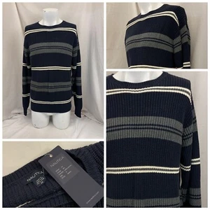 Nautica Sweater M Blue Stripe 100% Cotton Crew Neck Long Sleeve NWT YGI V1-554 - Picture 1 of 11