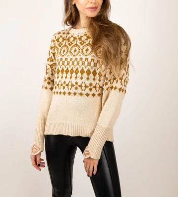 NSF бежевый Elsa Intarsia состаренный ворота бойфренд свитер размер S - Изображение 1 из 4