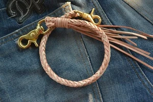 Braided Chain Wallet Natural  Vintage Genuine BIKER Leather Wallet Chain for Men - Picture 1 of 8