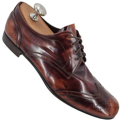 Prada Italy Mens 7.5 Distressed Brown Leather Wingtip Derby Oxfords Dress Shoes - Image 1 of 4