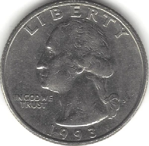 1993-P, 25 cent, Washington Quarter,  (US COIN, MONEY, COLLECTIBLE) - Picture 1 of 2