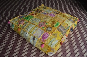 Indian Yellow Patchwork Large Floor Ottoman Pouf Cushion Pillow Cover Square Pet - Picture 1 of 4