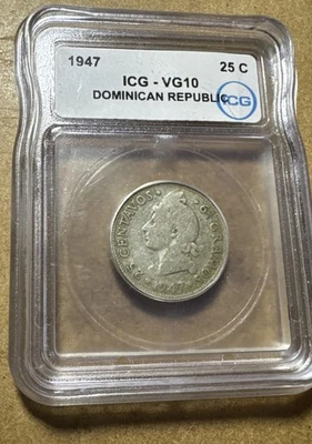 Moneda de plata República Dominicana 25 centavos 1947 clasificación ICG VG10 Foto 1 de 2