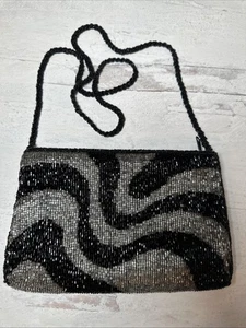 Vintage Walborg Perlen Abend Handtasche Silber Schwarz Wellen Design 80er Glam - Bild 1 von 4