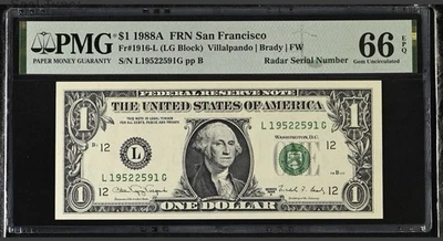 1988A $1 FRN San Francisco PMG 66 EPQ – Radar Serial L19522591G – Gem Unc Fancy - Image 1 of 3