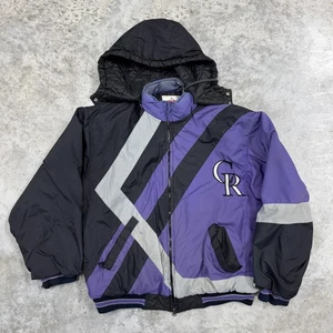 Vintage Colorado Rockies Jacket Mens Medium Purple MLB Baseball Hooded 90s - Picture 1 of 8
